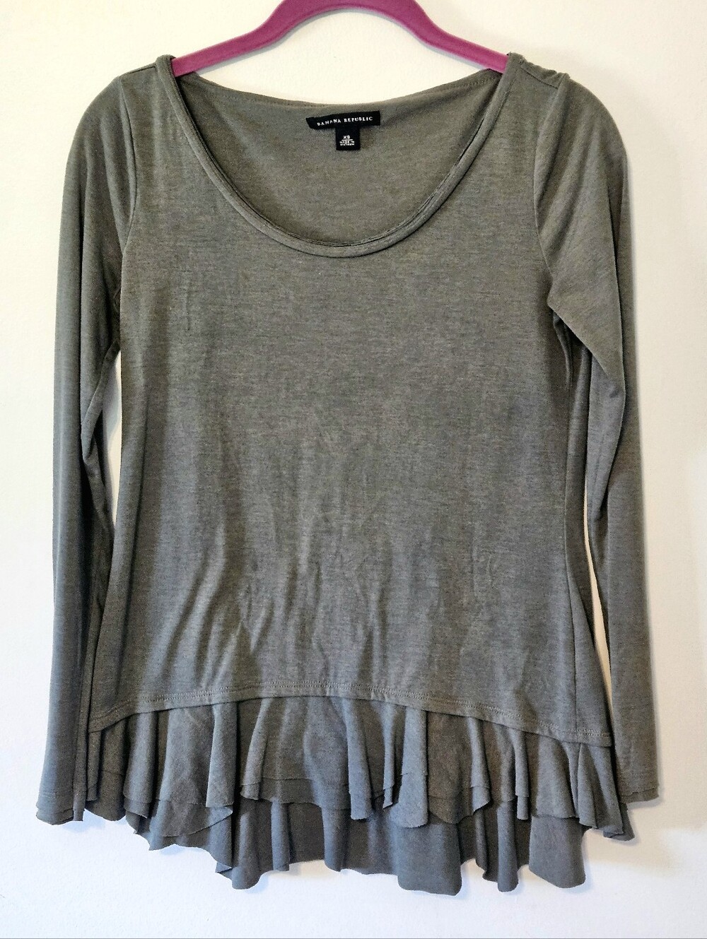 Banana Republic Olive Green Long Sleeve Scoop Ruffle-Hem Top